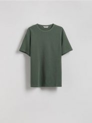 Strukturalny t-shirt regular - ciemnozielony. Zielone t-shirty męskie Reserved, l, bez wzorów, z bawełny, bez kołnierzyka. Za 79.99 zł.