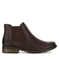 Botki Rieker. Brązowe botki damskie Rieker, bez obcasa, na płaskiej podeszwie, bez zapięcia. Za 329.99 zł.