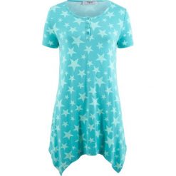 Shirt z dłuższymi bokami, krótki rękaw bonprix zieleń morska z nadrukiem. Zielone bluzki damskie bonprix, bez wzorów, bez kołnierzyka. Za 54.99 zł.