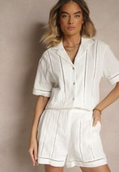 Białe Szorty z Bawełny High Waist Ozdobione Geometrycznym Wzorem Galessira. Białe szorty damskie Renee, na lato, l, bez wzorów, z bawełny, eleganckie, z podwyższonym stanem. Za 54.99 zł.