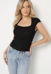 Czarny Dopasowany T-shirt z Wiskozą w Prążki z Kwadratowym Dekoltem Alannia. Czarne bluzki damskie Born2be, m, bez wzorów, z bawełny, biznesowe, bez kołnierzyka, bez ramiączek. Za 44.99 zł.