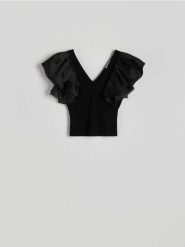 Bluzka z tiulem - czarny. Czarne bluzki damskie Reserved, l, bez wzorów, z bawełny, bez kołnierzyka, bez ramiączek. W wyprzedaży za 55.99 zł.