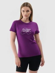 4F T-shirt slim z nadrukiem damski - fioletowy XL. Fioletowe koszulki sportowe damskie 4f, xl, bez wzorów, z bawełny, klasyczne, bez kołnierzyka. Za 29.99 zł.