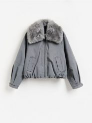 Kurtka bomberka oversize - ciemnoszary. Szare kurtki damskie Reserved, l, bez wzorów, z tkaniny, bez kaptura. Za 279.99 zł.