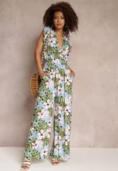 Jasnoniebieski Długi Kombinezon Bawełniany w Kwiaty Vegita. Niebieskie sukienki damskie Renee, na co dzień, na wiosnę, m, bez wzorów, z bawełny, eleganckie, bez kołnierzyka, bez ramiączek, maxi, proste. Za 39.99 zł.