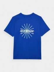 4F T-shirt regular z nadrukiem męski - niebieski S. Niebieskie koszulki sportowe męskie 4f, m, bez wzorów, z bawełny, klasyczne, bez kołnierzyka. W wyprzedaży za 49.99 zł.