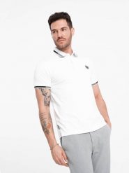 Męska koszulka polo z elastanem z kontrastowymi elementami - biała V1. Białe koszulki polo męskie Ombre Clothing, l, bez wzorów, z bawełny, bez kołnierzyka, bez ramiączek. W wyprzedaży za 29.99 zł.