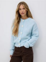 Kardigan z dodatkiem wełny - jasnoniebieski. Niebieskie kardigany damskie Reserved, l, bez wzorów, z dzianiny. Za 129.99 zł.