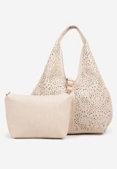 Beżowa Ażurowa Torebka Hobo z Dodatkową Saszetką Frosira. Brązowe torebki do ręki damskie Born2be, z aplikacjami, z jeansu, eleganckie, zdobione, bez dodatków. Za 129.99 zł.