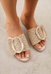 Beżowe Klapki z Plecionką i Geometryczną Klamrą Nemornell. Brązowe klapki damskie Renee, bez wzorów, boho, bez obcasa, na płaskiej podeszwie. Za 79.99 zł.