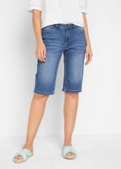 Bermudy jeansowe ze stretchem, średni stan. Niebieskie szorty damskie bonprix, bez wzorów, z elastanu, klasyczne. Za 102.99 zł.