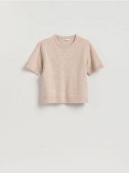 Wełniany sweter - beżowy. Brązowe swetry damskie Reserved, l, bez wzorów, z dzianiny, bez kołnierzyka, bez ramiączek, bez kaptura. Za 139.99 zł.