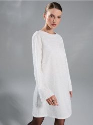 Sukienka bombka z ozdobnymi cekinami - kremowy. Białe sukienki damskie Sinsay, l, bez wzorów, bez kołnierzyka, bez ramiączek, bombki. Za 79.99 zł.