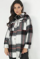 Czarno-Biała Koszula w Kratę Bollo. Czarne bluzki damskie Born2be, na jesień, bez wzorów, z jeansu, eleganckie, bez kołnierzyka, bez ramiączek. Za 139.99 zł.