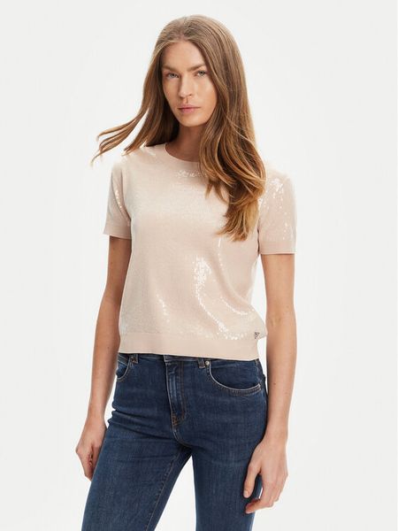 Guess Sweter W5YR21 Z3E70 Beżowy Regular Fit. Brązowe swetry damskie Guess, xl, z aplikacjami, z wiskozy, bez kołnierzyka, bez ramiączek, bez kaptura. Za 249.99 zł.