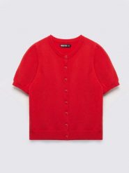 Sweter damski zapinany na guziki z krótkim rękawem czerwony Manona 603. Czerwone swetry damskie Big Star, l, bez wzorów, z dzianiny, eleganckie, bez kołnierzyka, bez ramiączek, krótkie, bez kaptura. Za 139.99 zł.