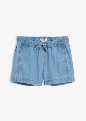 Lekkie szorty jeansowe ze średnim stanem i wygodnym pasem. Niebieskie szorty damskie bonprix, bez wzorów, z jeansu. Za 112.99 zł.