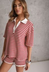 Beżowo-Czerwony Oversizowy Komplet z Dzianiny w Paski Koszulka Polo i Krótkie Spodenki Nanea. Brązowe spodenki dla dziewczynek Renee, bez wzorów, z dzianiny, sportowe. Za 169.99 zł.