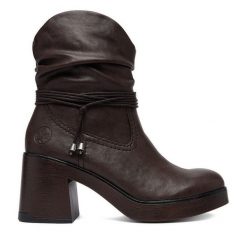 Botki Rieker. Brązowe botki damskie Rieker, bez obcasa, na słupku, bez zapięcia. Za 399.99 zł.
