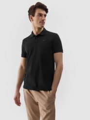 4F Koszulka polo regular męska - czarna S. Czarne koszulki polo męskie 4f, m, bez wzorów, z bawełny, bez kołnierzyka, bez ramiączek. Za 89.99 zł.
