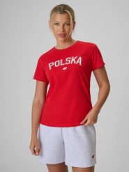 4F Koszulka kibica damska - czerwona M. Czerwone koszulki sportowe damskie 4f, m, bez wzorów, z bawełny, bez kołnierzyka, bez ramiączek. Za 59.99 zł.