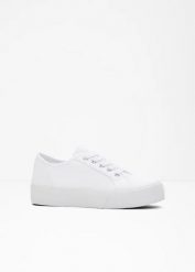 Sneakersy na platformie z bawełnianego płótna. Białe obuwie sportowe damskie bonprix, bez wzorów, z bawełny. Za 114.99 zł.