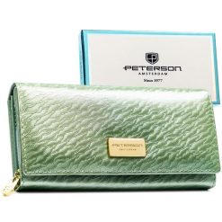 Duży, jasnozielony portfel damski zamykany na zatrzask, wykonany ze skóry naturalnej i ekologicznej - Peterson. Zielone portfele damskie Peterson, bez wzorów, ze skóry ekologicznej. Za 89.99 zł.