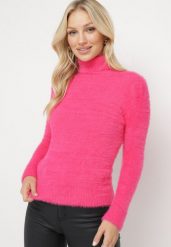 Fuksjowy Elastyczny Golf z Wełną i Ściągaczami Ozdobiony Długim Włosem Alussone. Czerwone swetry damskie Born2be, bez wzorów, z dzianiny, bez kołnierzyka, bez ramiączek, długie, bez kaptura. Za 44.99 zł.