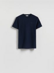 Strukturalny t-shirt slim - granatowy. Niebieskie t-shirty męskie Reserved, l, bez wzorów, z bawełny, bez kołnierzyka. Za 69.99 zł.
