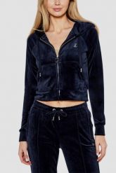 JUICY COUTURE Granatowa bluza damska welurowa Madison z cyrkoniami, Rozmiar XS. Niebieskie bluzy damskie Juicy Couture, s, bez wzorów, z weluru, z kapturem. Za 499.99 zł.