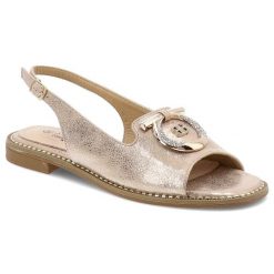 Sandały damskie S. Barski, eleganckie na płaskim obcasie z eko skóry z ozdobą ze sprzączką, różowe, KV51-003. Czerwone sandały damskie S.BARSKI, z aplikacjami, ze skóry, bez obcasa, na obcasie, bez zapięcia. Za 99.99 zł.