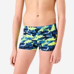 Bokserki pływackie dla dzieci Decathlon 500 Fitib Shark. Niebieskie kąpielówki dla chłopców Decathlon, bez wzorów, z elastanu. Za 29.99 zł.