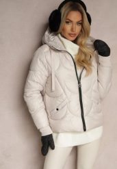Beżowa Pudełkowa Kurtka z Pikowanymi Przeszyciami i Kapturem Semirielle. Brązowe kurtki damskie Renee, l, bez wzorów, z jeansu. Za 239.99 zł.
