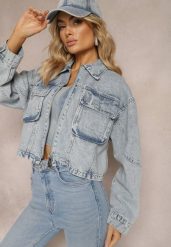 Niebieska Jeansowa Kurtka Oversize Cropped z Bawełny Tevissa. Niebieskie kurtki damskie Renee, na jesień, m, bez wzorów, z bawełny, bez kaptura. Za 169.99 zł.