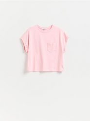 T-shirt z kieszonką - pastelowy róż. Czerwone t-shirty damskie Reserved, l, bez wzorów, z bawełny, bez kołnierzyka. Za 45.99 zł.