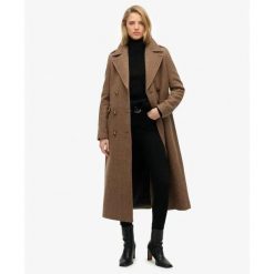 Płaszcz damski z mieszanki wełny z guzikami Superdry. Brązowe płaszcze damskie Superdry., s, bez wzorów, z wełny, eleganckie, bez kaptura. Za 920.00 zł.