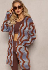 Niebiesko-Brązowy Luźny Kardigan Niezapinany w Geometryczny Print Sheshy. Niebieskie kardigany damskie Renee, bez wzorów, z dzianiny, eleganckie, bez kołnierzyka, bez ramiączek, bez kaptura. Za 119.99 zł.