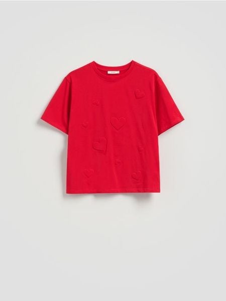 T-shirt z haftem w serca - czerwony. Czerwone t-shirty damskie Reserved, l, bez wzorów, z bawełny, bez kołnierzyka. W wyprzedaży za 55.99 zł.