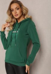 Zielona Bluza Wykończona Polarem z Nadrukiem i Kapturem Nimba. Zielone bluzy damskie Renee, m, bez wzorów, z bawełny. Za 79.99 zł.