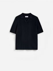 Ażurowy sweter polo - czarny. Czarne swetry przez głowę męskie Reserved, l, w ażurowe wzory, z bawełny, bez kołnierzyka. Za 129.99 zł.