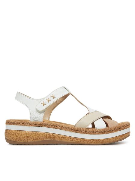 Rieker Sandały V0919-80 Biały. Białe sandały damskie Rieker, bez wzorów, z materiału, bez obcasa, na koturnie, bez zapięcia. Za 339.99 zł.