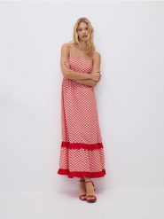 Sukienka maxi w kratę - czerwony. Czerwone sukienki damskie Reserved, l, bez wzorów, z bawełny, bez kołnierzyka, bez ramiączek, maxi, rozkloszowane. Za 239.99 zł.