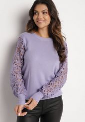 Fioletowy Sweter z Bawełną i Koronkowymi Rękawami Tifini. Fioletowe swetry damskie Born2be, z aplikacjami, z bawełny, bez kołnierzyka, bez ramiączek, długie, bez kaptura. Za 74.99 zł.