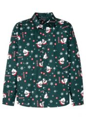 Koszula z długim rękawem i bożonarodzeniowym nadrukiem, z czystej bawełny, Slim Fit. Zielone koszule męskie bonprix, m, bez wzorów, z bawełny, bez kołnierzyka, bez ramiączek. Za 109.99 zł.