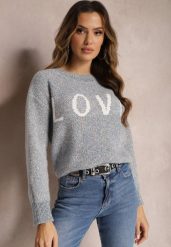 Granatowy Sweter z Ozdobnym Napisem Wykończony Ściągaczami Minisoji. Niebieskie swetry damskie Renee, l, bez wzorów, z elastanu, casualowe, bez kołnierzyka, bez ramiączek, bez kaptura. Za 99.99 zł.