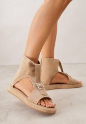 Ciemnobeżowe Sandały w Stylu Botków z Ozdobną Klamrą Theaneasi. Brązowe sandały damskie Born2be, bez wzorów, z jeansu, bez obcasa, na płaskiej podeszwie, bez zapięcia. Za 99.99 zł.