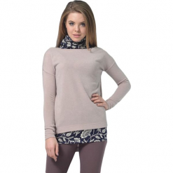 Zestaw w kolorze granatowo-beżowym - top, sweter. Brązowe swetry damskie Lila Kass, z dekoltem w łódkę. W wyprzedaży za 249.95 zł.