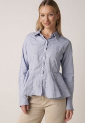 Niebieska Koszula z Bawełną w Paseczki z Rozkloszowanym Dołem Meridianes. Niebieskie bluzki damskie Born2be, l, bez wzorów, z bawełny, eleganckie, bez kołnierzyka, bez ramiączek. Za 129.99 zł.