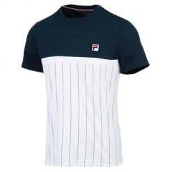 Koszulka treningowa męska Fila Mika Stripes. Niebieskie koszulki sportowe męskie Fila, m, bez wzorów, bez kołnierzyka, bez ramiączek. Za 289.99 zł.