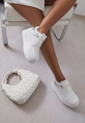 Biało-Srebrne Sneakersy Vices na Platformie z Tłoczonym Napisem ze Sznurowaniem Eanneth. Białe obuwie sportowe damskie Renee, bez wzorów, trekkingowe. Za 89.99 zł.